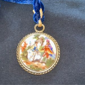 Vintage Limoges Painted Porcelain Lovers Choker  Pendant Necklace
